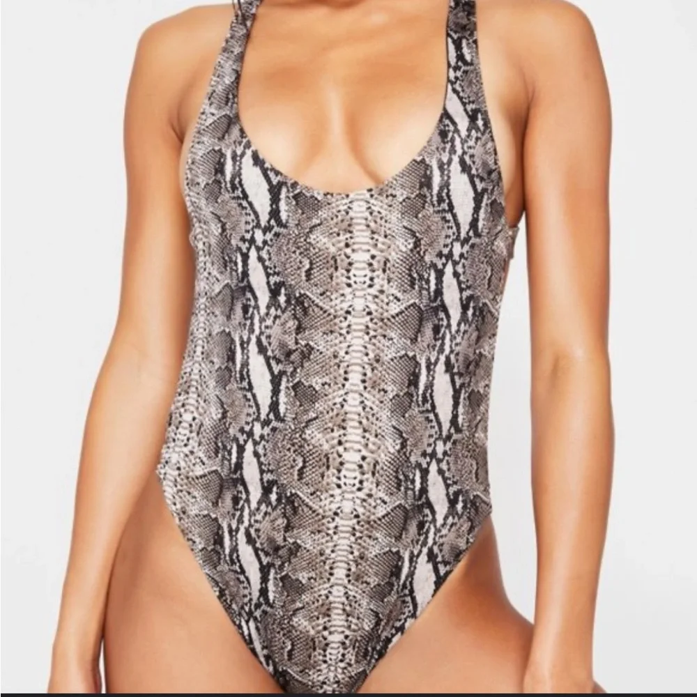 Frankie's Bikinis Snake Print One-Piece Swimsuit in Black, White, Brown